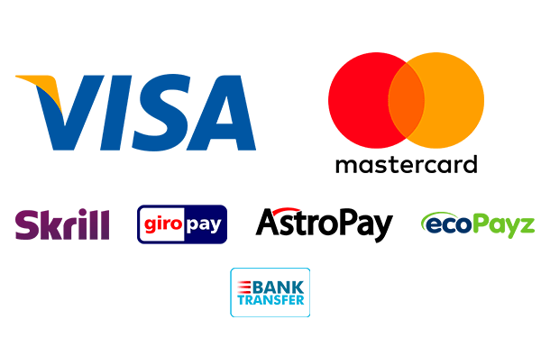 Logo der Zahlungsdienste: Visa, Mastercard, Skrill, GiroPay, AstroPay, ecoPayz, Banküberweisung